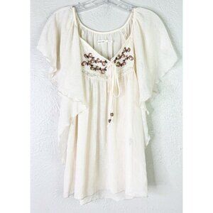 Blue Bird Large Cream Sheer Boho Embroidered Flowy Flutter Sleeve Lace EUC